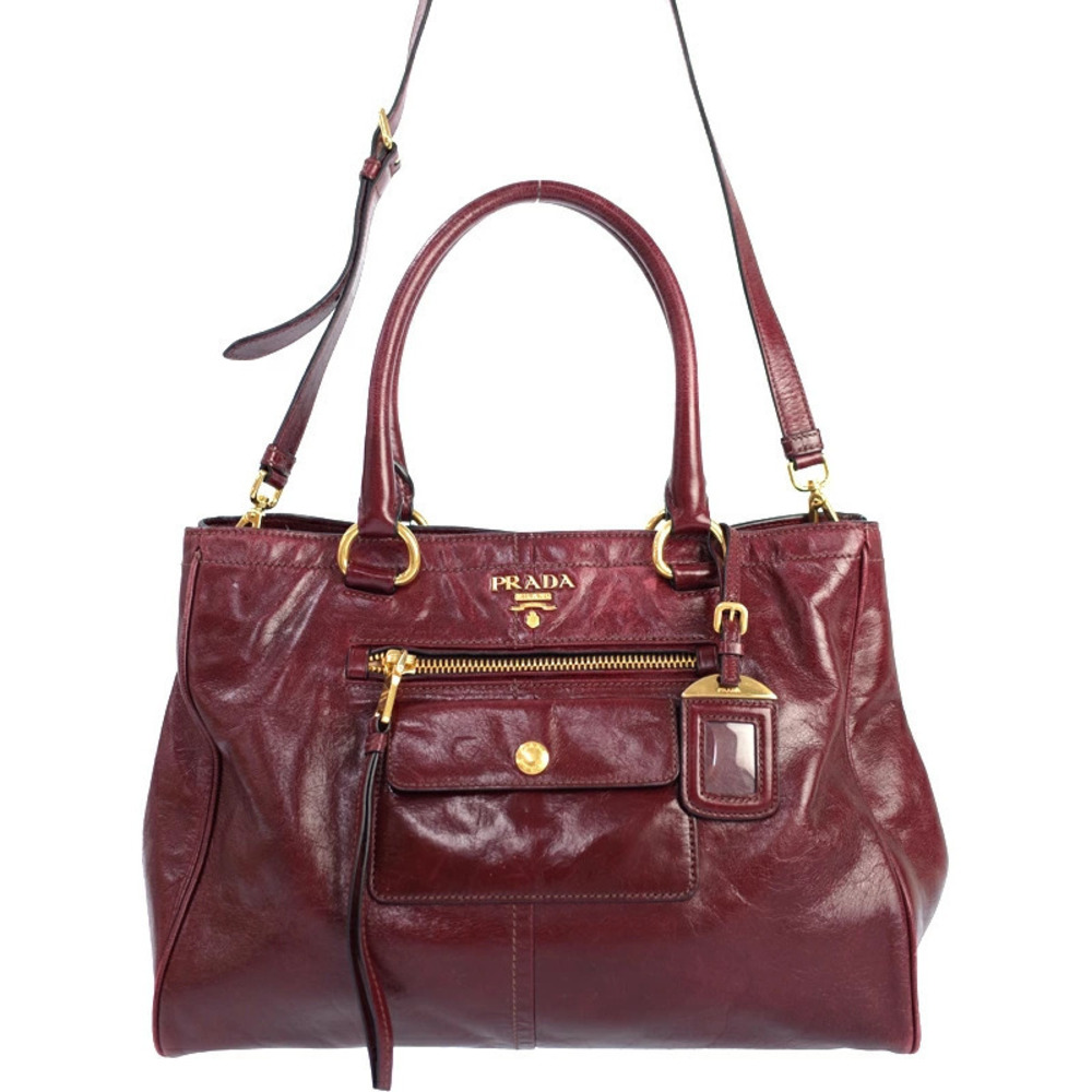Prada Vitello Shine Leather Tote Shoulder Bag burgundy Red